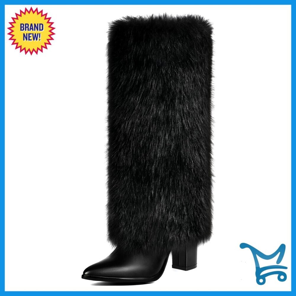 Knee High Faux Fur Boots Chunky Heel Wide Calf Winter Snow Boots - Picture 1 of 7